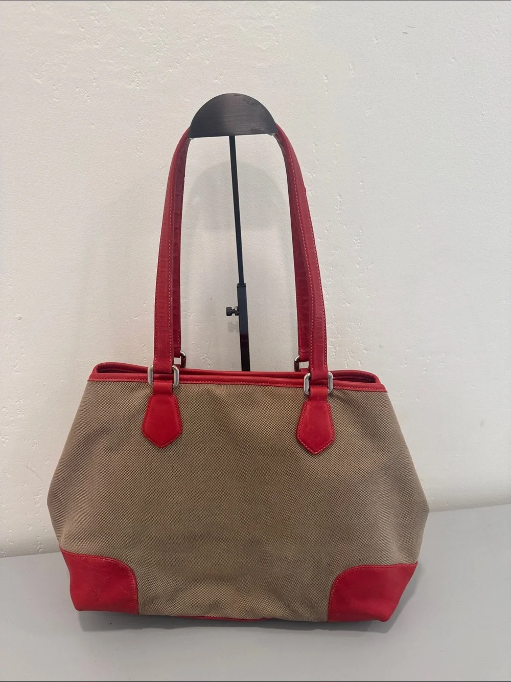 Prada Milano Canvas Tote with Red Leather Trim and Handles